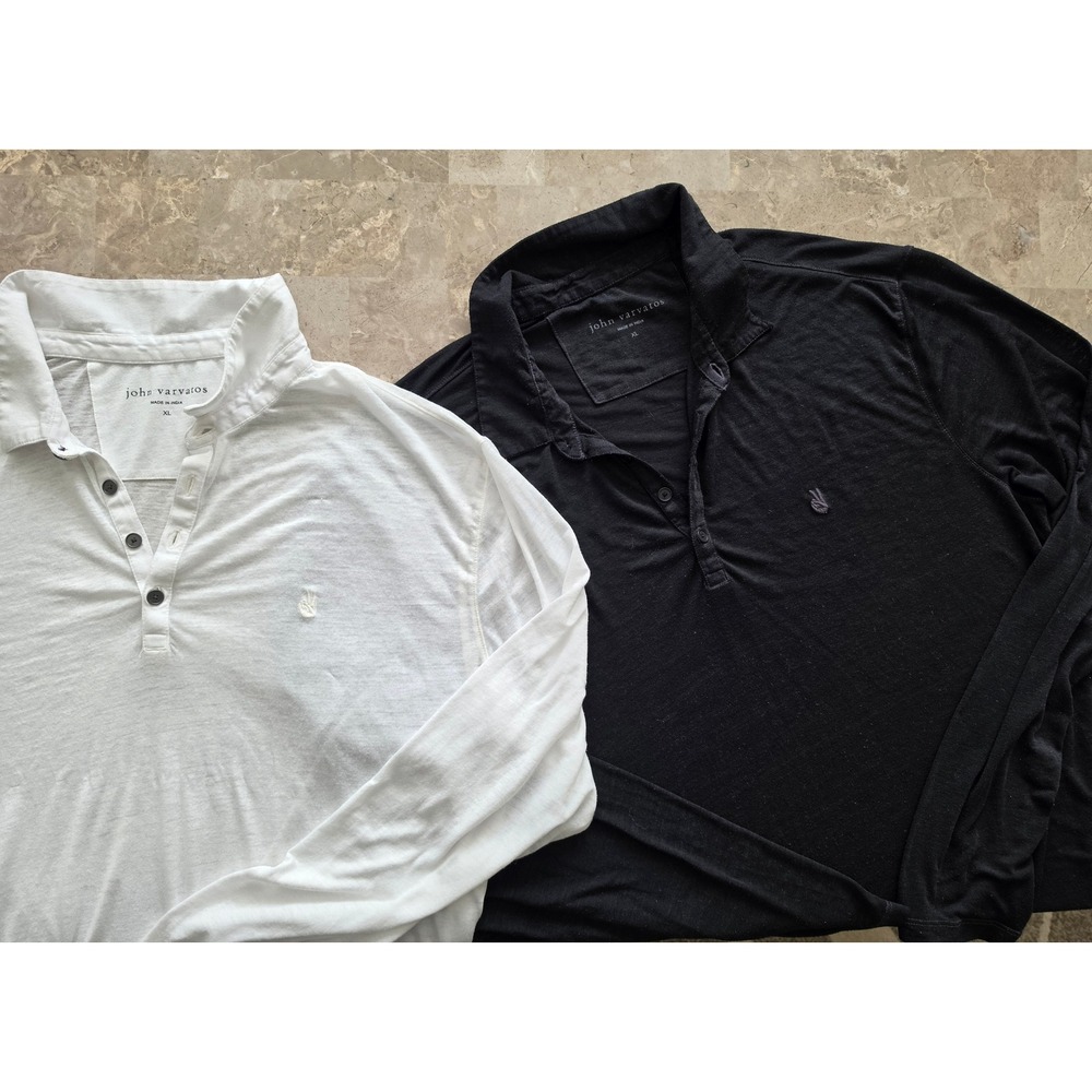 John Varvatos Mens XL Marty Burnout Polo Shirt Bundle Black White Linen Blend